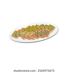 Vector illustration of famous assorted Malaysian traditional sweet, kek lapis Sarawak or Sarawak slice layer cake on plate