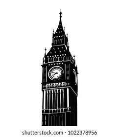 Vector illustration of famous Big Ben tower in London isolated over white background. National symbol. Tourism attraction of capital of Great Britain.