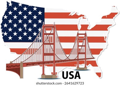 Vector illustration of a famous bridge overlaid on a USA map with flag colors