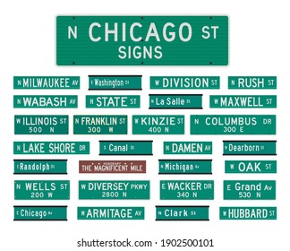 Vector illustration of the famous Chicago streets and avenues road signs