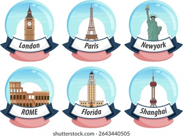 Vector illustration of famous city landmarks inside snow globes, featuring vibrant colors and clean lines for a modern look
