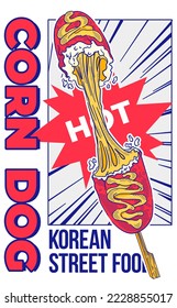 Imagen vectorial del famoso perro de maíz coreano. Comida callejera coreana con queso en stretching