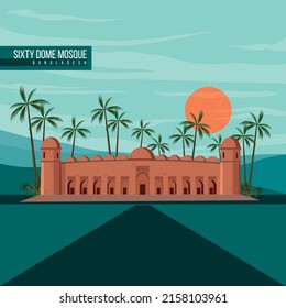 Vector Illustration of famous landmark Sixty Dome Mosque with nature background. 