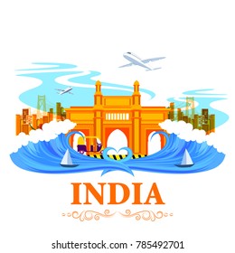 vector illustration of famous monument Gateway of India on tricolor Indian background