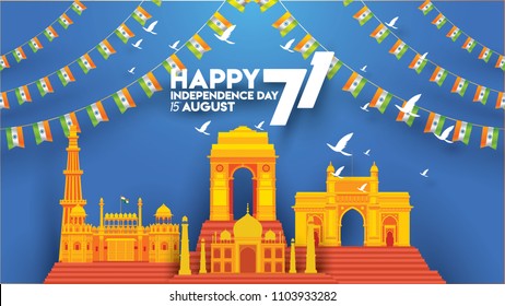 vector illustration of Famous monument of India background for 15th August Happy Independence Day. 71 years of Freedom indian