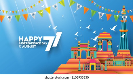 vector illustration of Famous monument of India background for 15th August Happy Independence Day. 71 years of Freedom indian