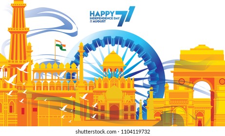 vector illustration of Famous monument of India background for 15th August Happy Independence Day. 71 years of Freedom indian