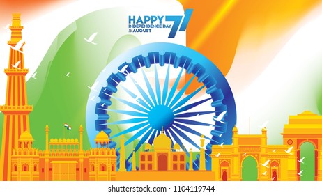 vector illustration of Famous monument of India background for 15th August Happy Independence Day. 71 years of Freedom indian