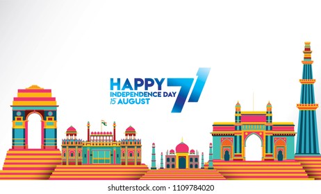 vector illustration of Famous monument of India background for 15th August Happy Independence Day. 71 years of Freedom indian