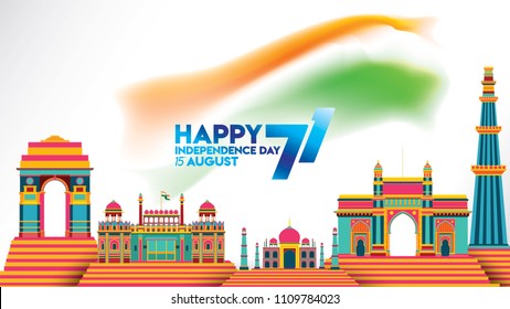 vector illustration of Famous monument of India background for 15th August Happy Independence Day. 71 years of Freedom indian