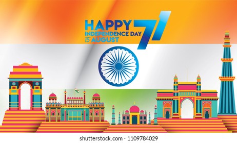 vector illustration of Famous monument of India background for 15th August Happy Independence Day. 71 years of Freedom indian