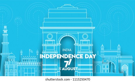 vector illustration of Famous monument of India background for 15th August Happy Independence Day. 71 years of Freedom indian