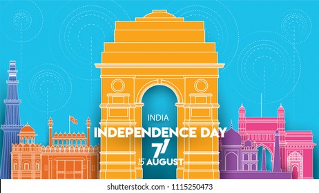 vector illustration of Famous monument of India background for 15th August Happy Independence Day. 71 years of Freedom indian