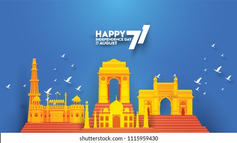 vector illustration of Famous monument of India background for 15th August Happy Independence Day. 71 years of Freedom indian