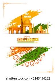 vector illustration of Famous monument of India in Indian background for 15th August Happy Independence Day of India