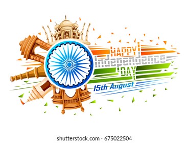 vector illustration of Famous monument of India in Indian background for 15th August Happy Independence Day of India