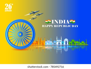 vector illustration of famous monument of India on tricolor Indian background