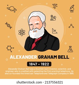 Vector illustration of famous personalities: Alexander Graham Bell with bio