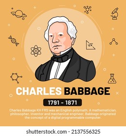 Vektorgrafik berühmter Persönlichkeiten: Charles Babbage mit Bio