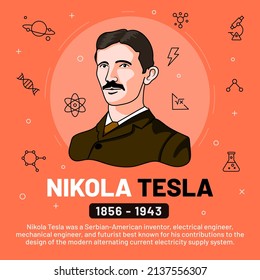 Vector illustration of famous personalities: Nikola Tesla with bio