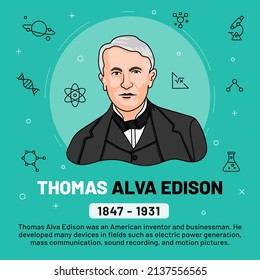 Vector illustration of famous personalities: Thomas Alva Edison with bio