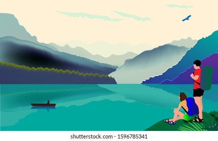 Vector illustration of famous places of America. Glacier National Park, Montana, USA. Young couple resting by the lake