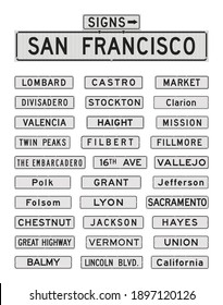 Vector illustration of the famous San Francisco streets and avenues road signs