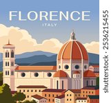 Vector illustration of the famous Santa Maria del Fiore Cathedral in Florence, Italy, featuring its iconic red dome and tall bell tower, with mountains and a blue sky with clouds in the background