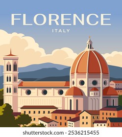 Vector illustration of the famous Santa Maria del Fiore Cathedral in Florence, Italy, featuring its iconic red dome and tall bell tower, with mountains and a blue sky with clouds in the background