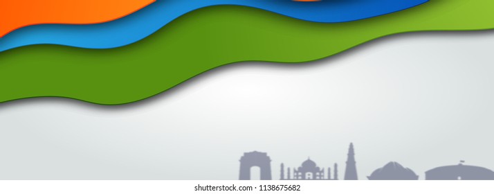Vector Illustration Of Famous Silhouette Monuments and Indian Tricolor Flag Banner Background.