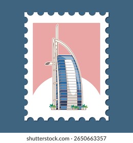 Vector illustration of a famous skyscraper on a stylized postage stamp. Features clean lines, pastel colors, and minimalistic design