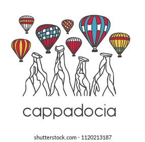 Vector illustration of a famous turkish travel destination Cappadocia. Colorful air balloons and chimney rocks. Hand drawn doodle objects in horizontal banner on white background.