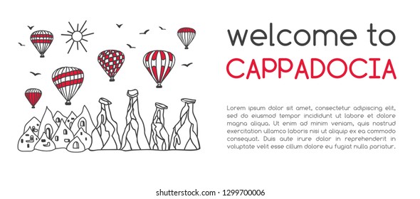 Vector illustration of a famous turkish travel destination Cappadocia and its symbols: fairy chimneys, caves and bright hot air balloons. Card design with hand drawn doodle elements and place for text