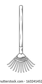 Vector illustration of fan rake gardening tools and utensils isolated on a white background, garden manteinance, landscaping and hobby concept, sketch style, line art.