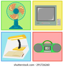 vector illustration of fan, television, lamp and radio cassette tape 