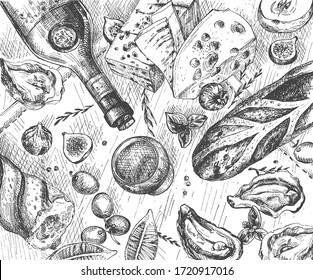 Vector illustration of a fancy French restaurant top view still life. Wine glass and bottle, baguette bread, blue cheese, oyster seafood, olives. Vintage hand drawn engraving style.