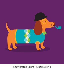 A Vector Illustration Of A Fancy Well Dressed Dachshund Wiener Dog With A Hat, Mustache, Pile And Monocle And Wearing An Argyle Sweater And Bow Tie. 