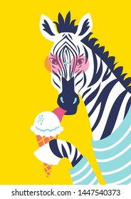 Vector illustration with fancy zebra in pink sunglasses and with ice-cream
