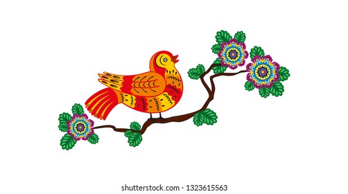 Vector illustration of a fantastic bird sitting on a branch with flowers. White background.