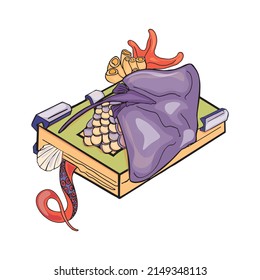 Vector illustration of a fantastic book with sea animals. Playful, fabulous design for printing, logo, icon, for designers as a blank