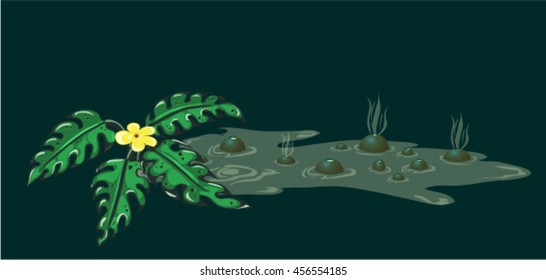 Vector illustration of fantastic bush with blue flower and holey leaves  and deep deadly swamp with splashes and smoke