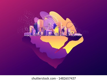 vector illustration fantastic city high-rise buildings and skyscrapers on a block of earth and stones concept banner for internet isolated