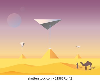 vector illustration of a fantastic landscape. Arrival of aliens and charging of pyramids