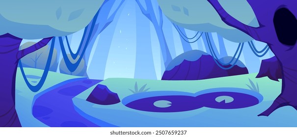 Vector illustration of a fantastic neon blue forest with trees, swamp, rocks, moss, leaves and vines. Perfect for a colorful game or a fabulous background.