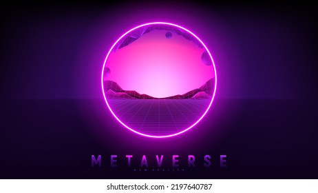 Vector illustration of fantastic portal in metaverse. Round teleport or magic portal leading in virtual digital reality. Simulation of network futuristic world. 3d vector illustration with metaverse.