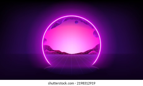 Vector illustration of fantastic portal in metaverse. Round teleport or magic portal leading in virtual digital reality. Simulation of network futuristic world. 3d vector illustration with metaverse.