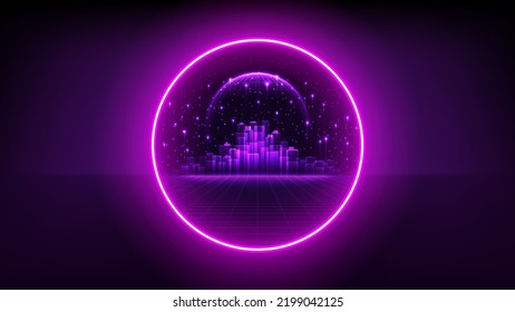 Vector illustration of fantastic portal in metaverse. Concept of neon portal in virtual digital reality. Simulation of network futuristic world. Digital technology metaverse. 3d vector illustration.