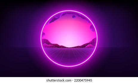 Vector illustration of fantastic portal in metaverse. Round teleport or magic portal leading in virtual digital reality. Simulation of network futuristic world. 3d vector illustration with metaverse.