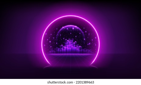 Vector illustration of fantastic portal in metaverse. Concept of neon portal in virtual digital reality. Simulation of network futuristic world. Digital technology metaverse. 3d vector illustration.