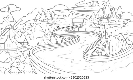 Vector illustration, fantastic road to the mountain, book coloring